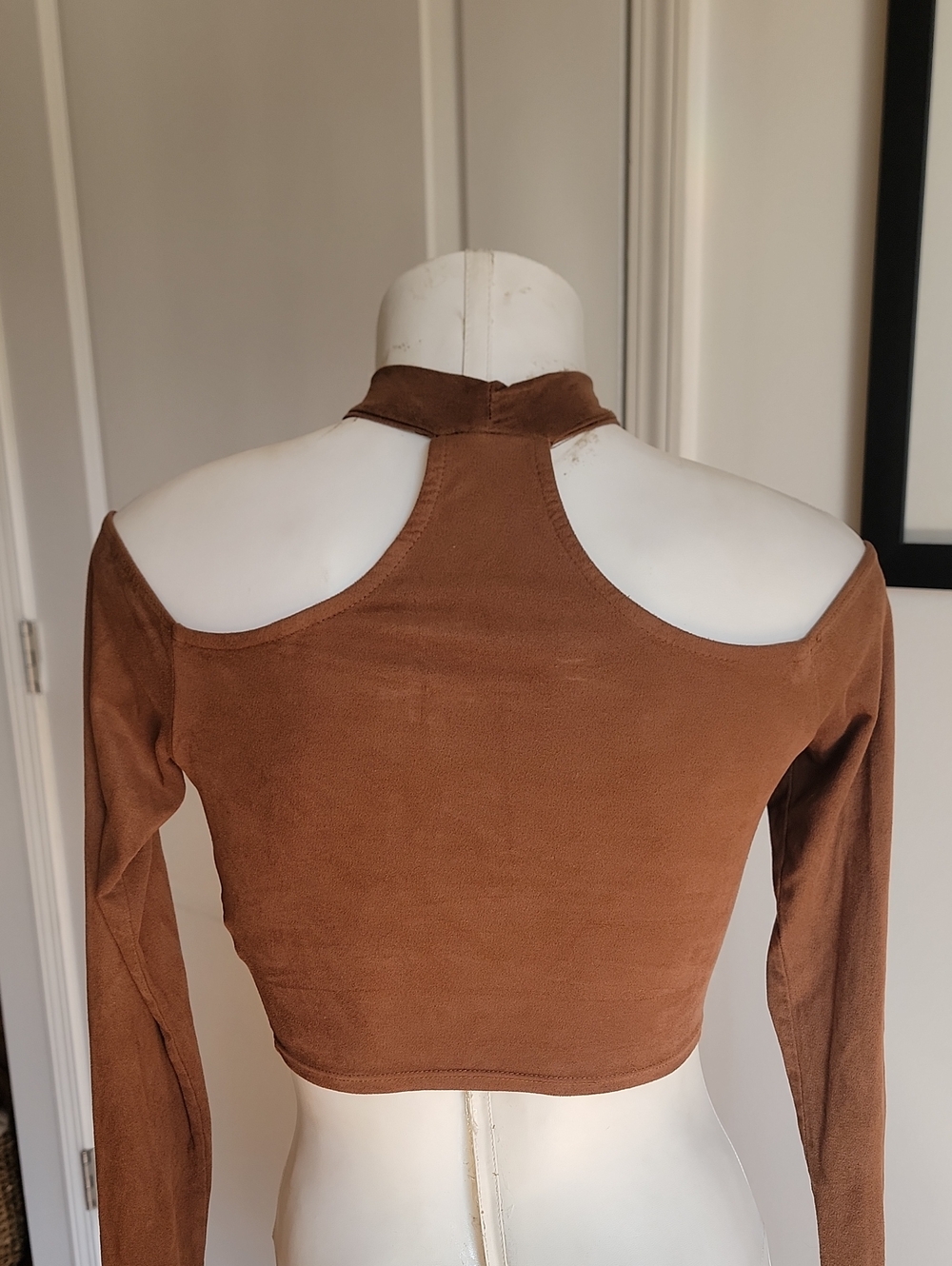 🍒 Windsor Brown Faux Suede Off The Shoulder Mock Neck Crop Top XS - Picture 3 of 5